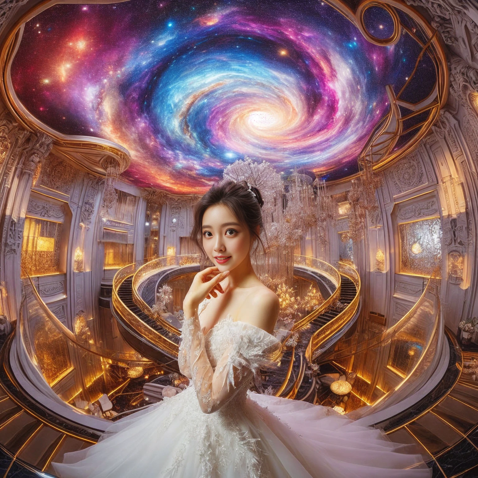 a woman in a wedding dress standing in a room with a spiral ceiling, smiling, goddess of galaxies, ethereal fantasy, wide angle fantasy art, 4k highly detailed digital art, ethereal beauty, fantasy space, fantasy beautiful, fantasy photography, digital art fantasy, inside her surreal vr castle, of ethereal fantasy, strange portrait with galaxy, goddess of space and time, 8k selfie photograph