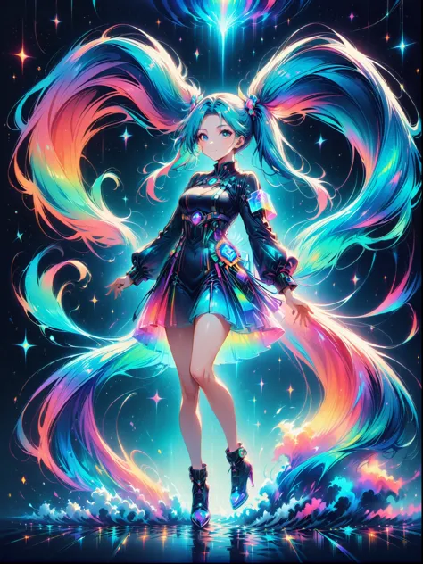 (a young woman with cyan hair in double ponytails:1.5)，wearing a futuristic outfit，consists of an electronic-themed dress，(she w...