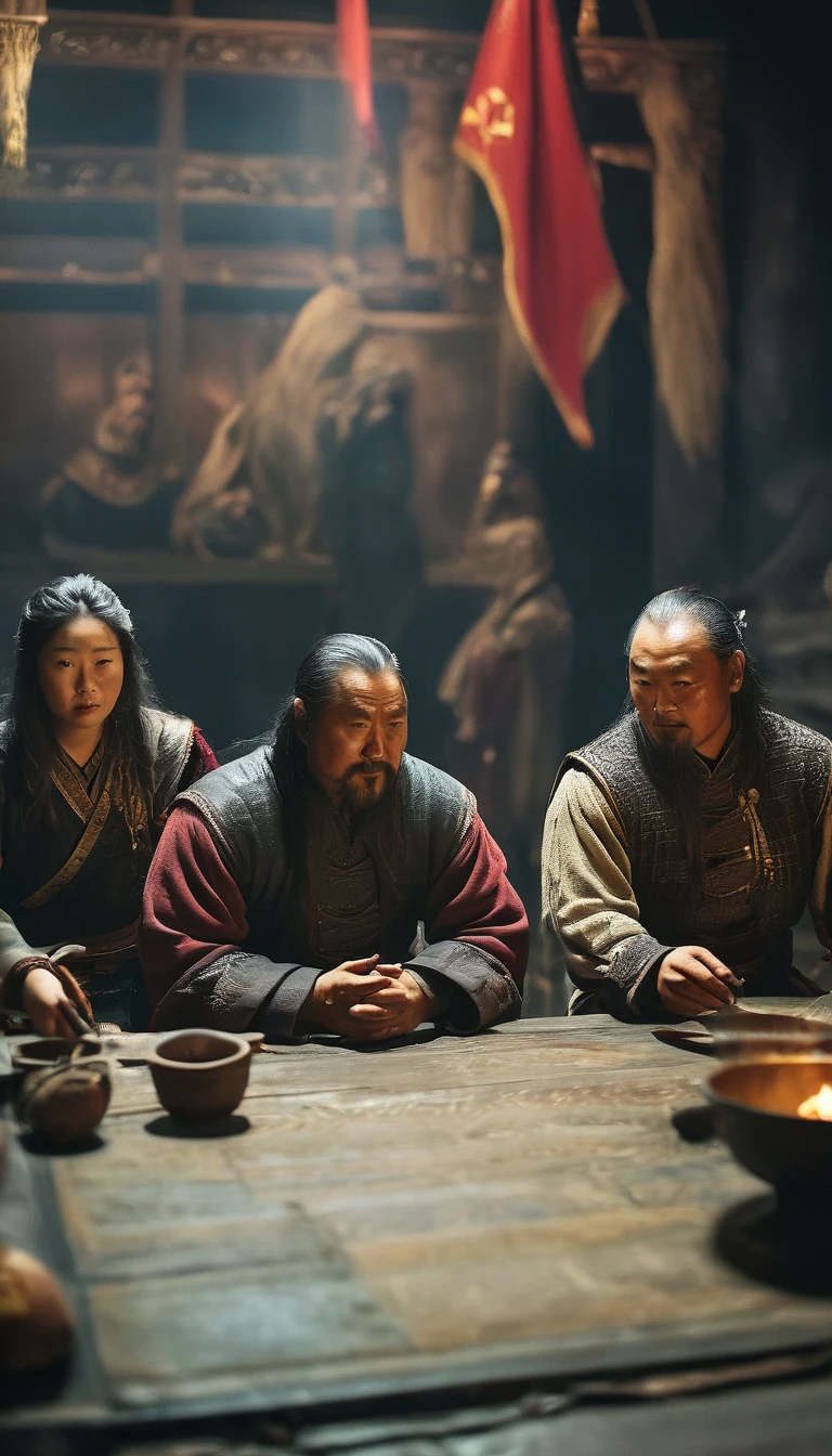 Genghis Khan avec sa famille, montrant un côté plus personnel et humain du leader, fond sombre, hyper réaliste, ultra detailed hyper réaliste, Photoréaliste, éclairage de studio, reflets, pose dynamique, Cinématique, dégradé de couleurs, la photographie, tourné avec un objectif 50 mm, Ultra grand angle, profondeur de champ, hyper détaillé, Magnifiquement coloré, 8k