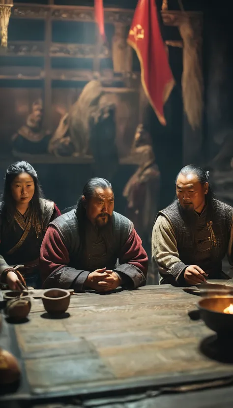 Genghis Khan with his family, showing a more personal and human side of the leader, background dark, hyper realistic, ultra deta...
