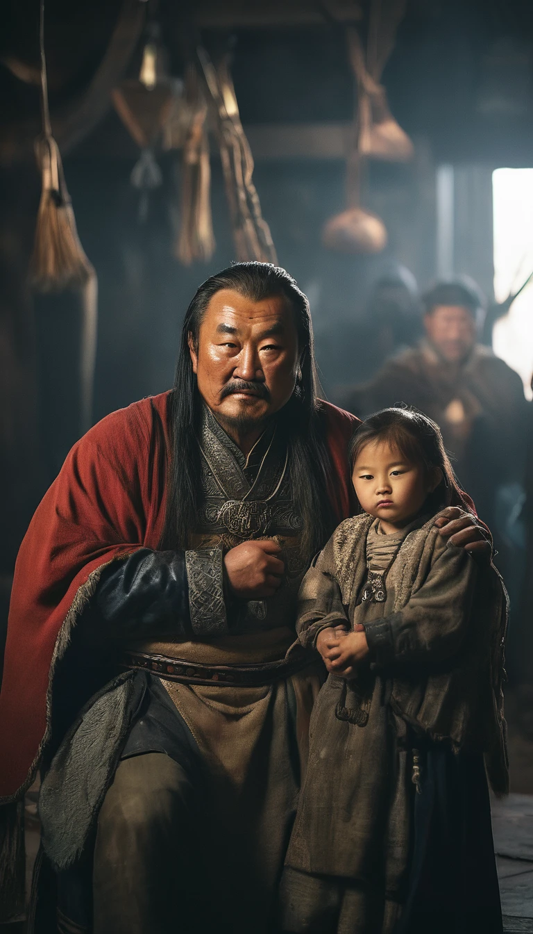 Genghis Khan con su familia, mostrando un lado más personal y humano del líder, fondo oscuro, Híper realista, ultra detailed Híper realista, Fotorrealista, iluminación de estudio, reflexiones, pose dinámica, cinematográfico, Escala de colores, fotografía, Disparado con lente de 50 mm, Ultra gran angular, profundidad de campo, hiperdetallado, Hermoso color, 8K