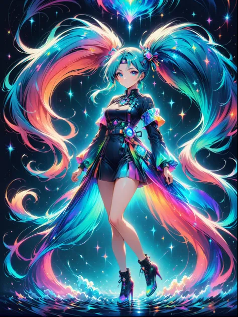 (A young woman with cyan hair in double ponytails:1.5)，Wearing a futuristic outfit，Consists of an electronic-themed dress，(She w...