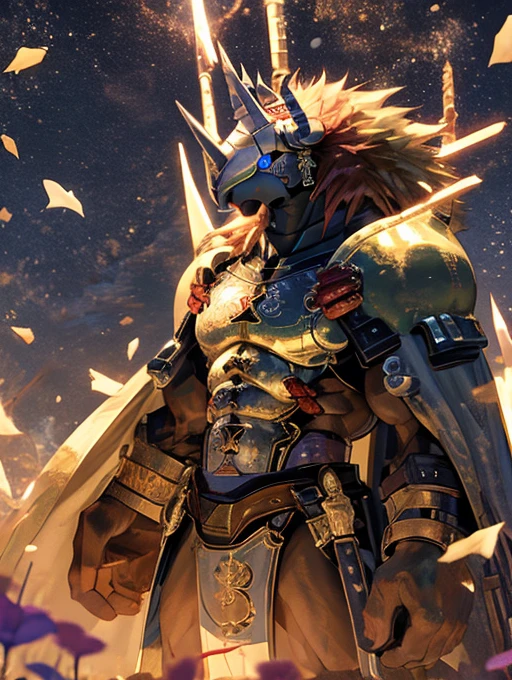 Delicate alone,masterpiece,Humanity,male,WarGreymon(Black body,Blonde),scale,Delicate face,Delicate eyes,Black bodyの、King Arthur costume、Knight King,Muscular,grassland、Indigo eyes、Dark blue cloak、god々New Golden Crown、Erect crotch、,Daytime、Camelot Castle in the background,Small hill,wonderful眺め、Holding a holy sword、wonderful,Written boundary depth, Perfect lighting, (Particles of light),(Highest quality),(masterpiece),(Ultra de Shippo Ed),Sharp focus,Particles of light