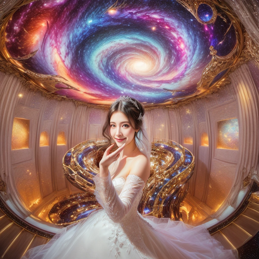 une femme vêtue d&#39;une robe de mariée debout dans une pièce avec un plafond en spirale, souriant, déesse des galaxies, fantaisie éthérée, art fantastique grand angle, Art numérique 4K très détaillé, beauté éthérée, espace fantastique, fantaisie magnifique, photographie fantastique, fantaisie d&#39;art numérique, à l&#39;intérieur de son château vr surréaliste, of fantaisie éthérée, étrange portrait avec galaxie, déesse de l&#39;espace et du temps, Photographie selfie 8k