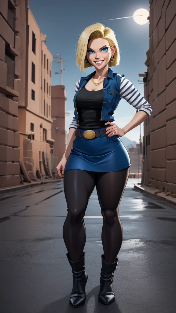 best quality, highres, and18, 1girl, android 18, solo girl, 1girl, blonde hair, blue eyes, belt, boots, tight blue demin skirt, gold_necklace, black shirt, short hair, long striped sleeves, earrings, open vest, denim vest, medium breasts, cowboy shot, mountains, straight-on, (weather: raining and windy), wet body, sexy smile, combat stance, full length pantyhose, battle ruins, wide hips, thick legs, torn clothes, closed fists,