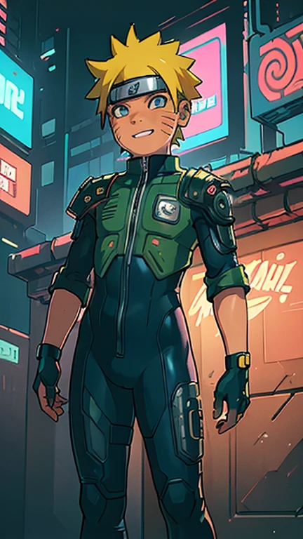 best quality,masterpiece,1boy,solo,(((13years old))),japanese boy,an extremely cute and handsome boy,highly detailed beautiful face and eyes,petit,cute face,lovely face,baby face,shy smile,show teeth, Yellow hair,Short hair,flat chest,skinny,slender,(((Uzumaki Naruto wearing a Cyberpunk Bodysuit ))),(((standing in Dark Midnight Neon Glow light Cyberpunk metropolis city))),he is looking at the viewer,jdgdrddcom