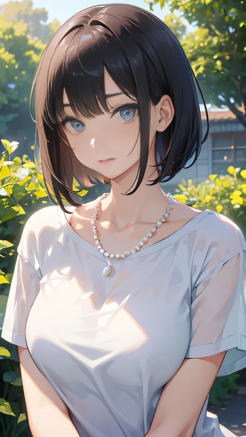 gorgeous adult woman, long neck, short hair, bangs, perfect eyes, soft light, high quality, 4k resolution, casual clothes, pearl necklace, T-shirt, summer