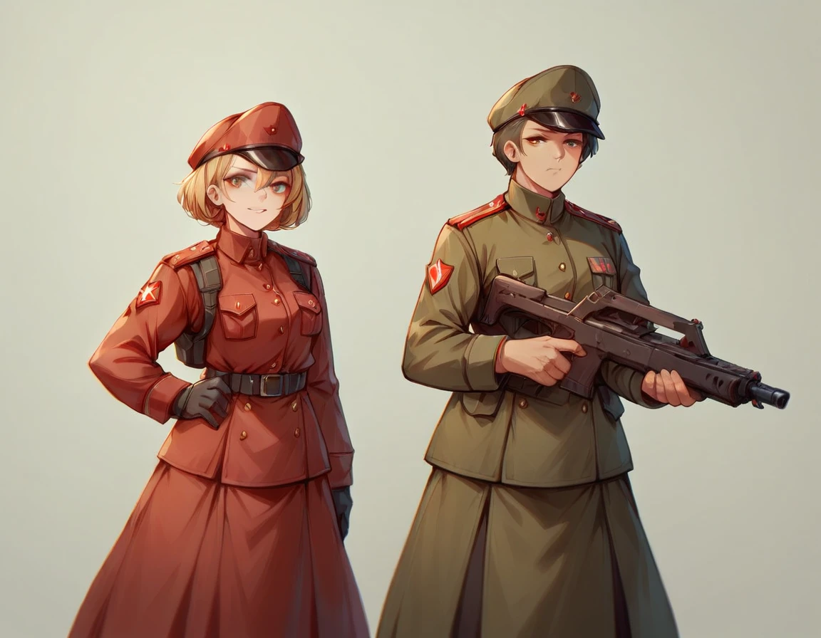 A platoon of girls wearing bright red military uniforms and long red skirts、A pair of girl platoon leaders and girl soldiers wearing red military uniforms and red long skirts and equipped with assault rifles