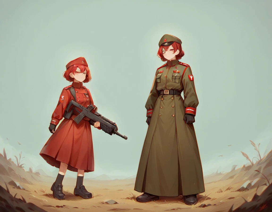 A platoon of girls wearing bright red military uniforms and long red skirts、A pair of girl platoon leaders and girl soldiers wearing red military uniforms and red long skirts and equipped with assault rifles