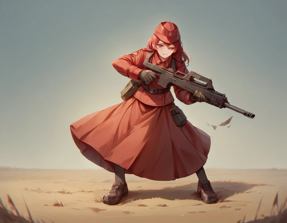 A platoon of girls wearing bright red military uniforms and long red skirts、A pair of girl platoon leaders and girl soldiers wearing red military uniforms and red long skirts and equipped with assault rifles