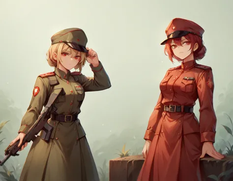 a platoon of girls wearing bright red military uniforms and long red skirts、a pair of girl platoon leaders and girl soldiers wea...