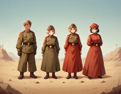 a platoon of girls wearing bright red military uniforms and long red skirts、a pair of platoon leaders and soldiers wearing red m...