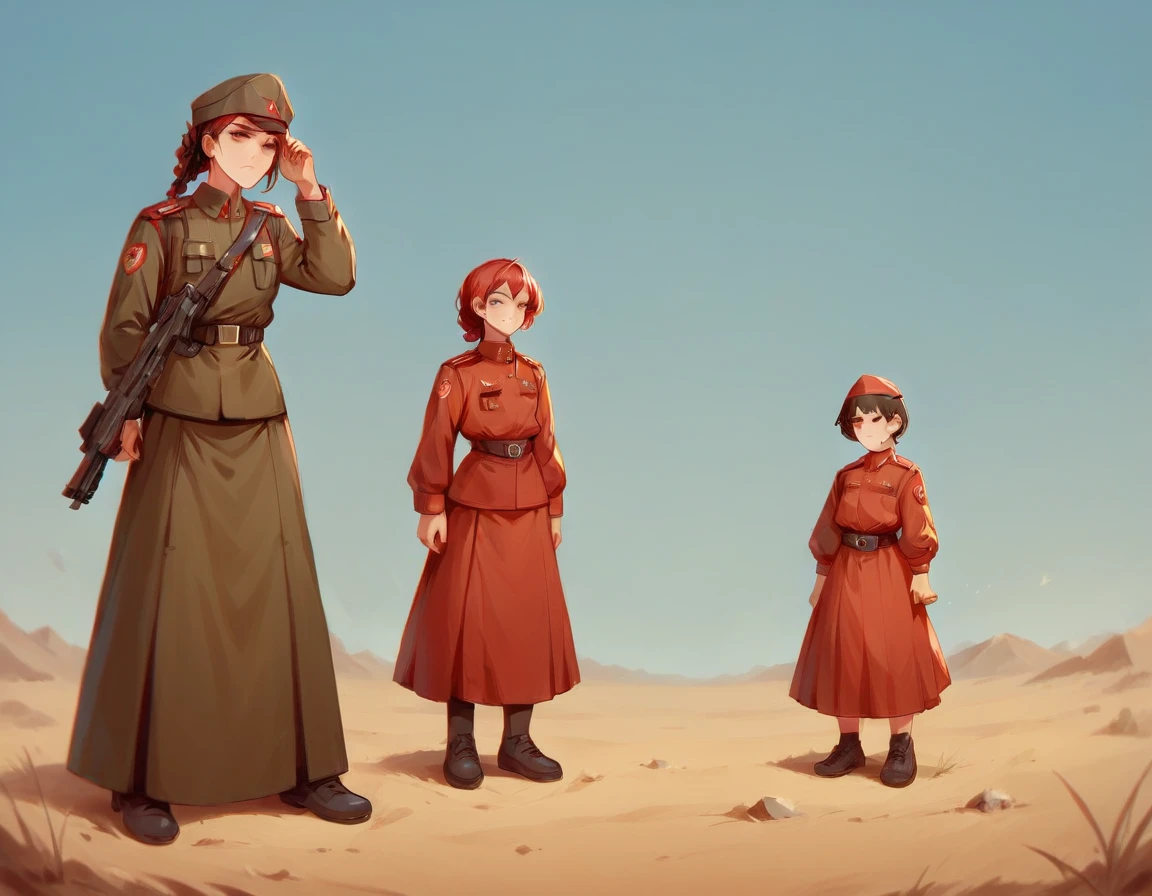 A platoon of girls wearing bright red military uniforms and long red skirts、A pair of platoon leaders and soldiers wearing red military uniforms and red long skirts and equipped with assault rifles、desert