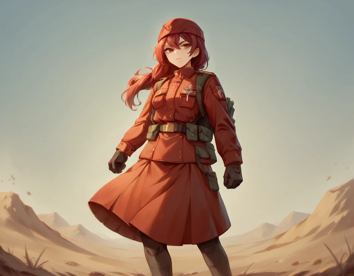 A platoon of girls wearing bright red military uniforms and long red skirts、A pair of platoon leaders and soldiers wearing red military uniforms and red long skirts and equipped with assault rifles、desert