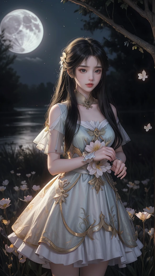 1girl, girl with long black hair, smiling, cheerful, girl is standing among a wide expanse of flowers,girl posing gracefully , surrounded by beautiful flowers, Calm and peaceful atmosphere, night, moonlight , Beautiful glowing butterflies surround the girl lighting up the darkness of the night, magic,Romantic, the night breeze blows the Sepoi Sepoi girl's hair, 