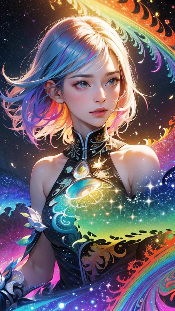 (masterpiece, Highest quality, Highest quality, beautifully、aesthetic:1.2）、Frontal face:1.5, (A woman facing forward、30th Generation), Very detailed,(Fractal Art:1.5),{{Rainbow colored hair}},colorful, Most detailed, Perfect Face, Upper Body, High resolution, Milky Way, (Particles of light),Colorful particles of light surround the area., Sparkling、(Dynamic stripes, Rainbow&#39;s trajectory:1.2), Vibrant colors,{{Watching the audience:2}}、The crystals shine、Crystal Ball、Lucky rainbow bird、Money、rainbow、Shiny Dress