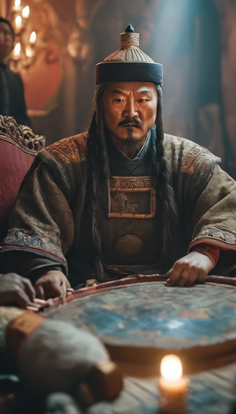 Genghis Khan con su familia, mostrando un lado más personal y humano del líder, fondo oscuro, Híper realista, ultra detailed Híper realista, Fotorrealista, iluminación de estudio, reflexiones, pose dinámica, cinematográfico, Escala de colores, fotografía, Disparado con lente de 50 mm, Ultra gran angular, profundidad de campo, hiperdetallado, Hermoso color, 8K