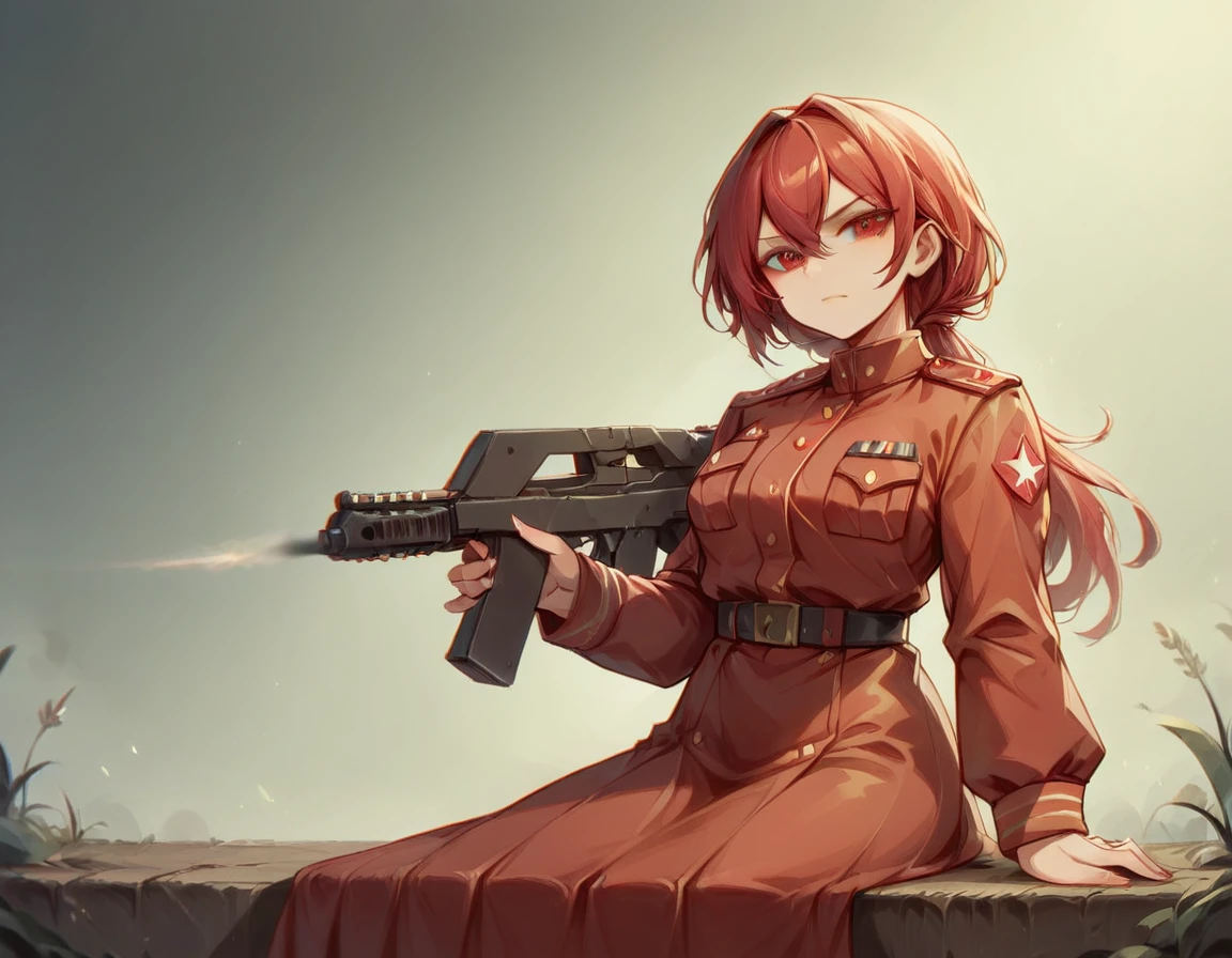 A platoon of girls wearing bright red military uniforms and long red skirts、A pair of girl platoon leaders and girl soldiers wearing red military uniforms and red long skirts and equipped with assault rifles