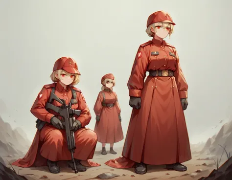 a platoon of girls wearing bright red military uniforms and long red skirts、a pair of girl platoon leaders and girl soldiers wea...