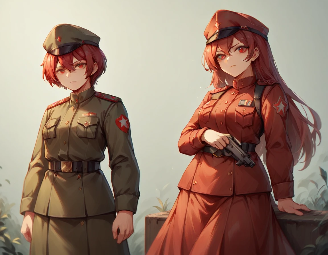 A platoon of girls wearing bright red military uniforms and long red skirts、A pair of girl platoon leaders and girl soldiers wearing red military uniforms and red long skirts and equipped with assault rifles