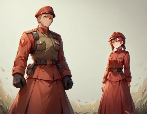 a platoon of girls wearing bright red military uniforms and long red skirts、a pair of girl platoon leaders and girl soldiers wea...