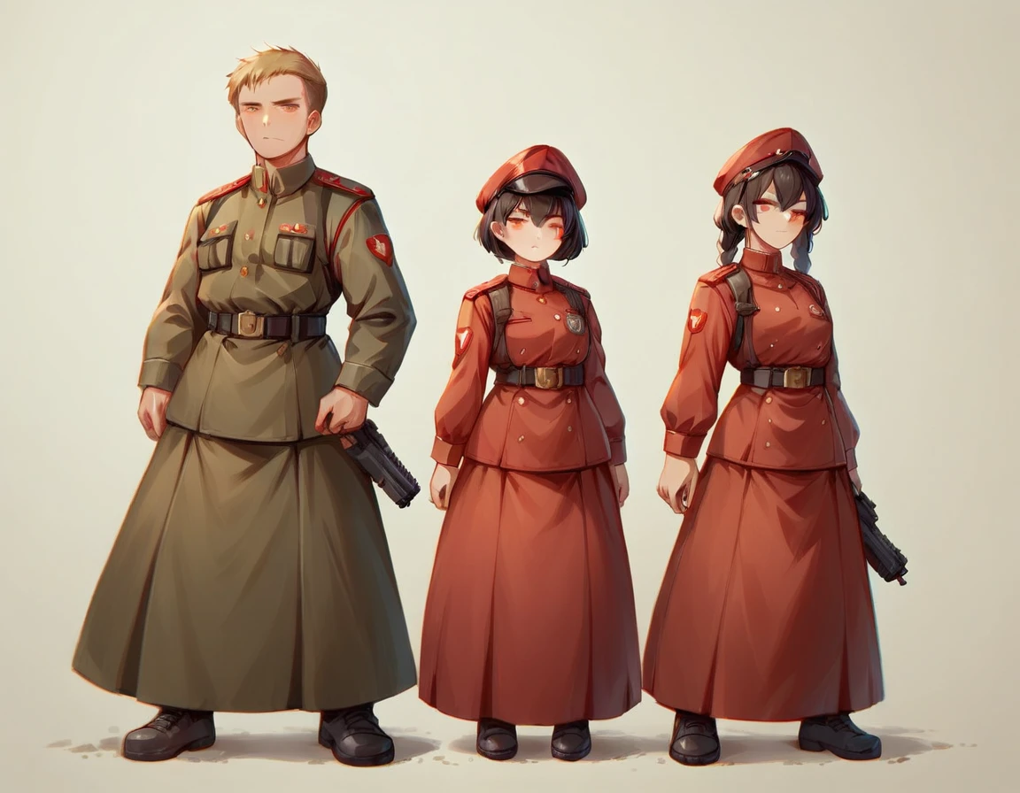 A platoon of girls wearing bright red military uniforms and long red skirts、A pair of girl platoon leaders and girl soldiers wearing red military uniforms and red long skirts and equipped with assault rifles