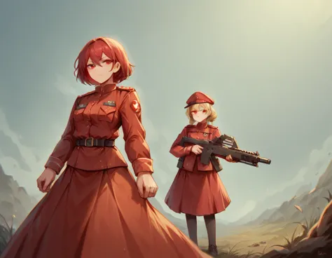 a platoon of girls wearing bright red military uniforms and long red skirts、a pair of girl platoon leaders and girl soldiers wea...