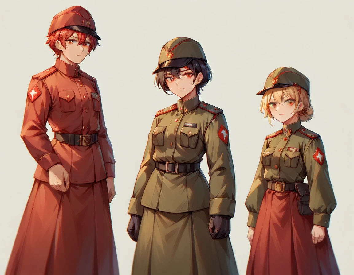 A platoon of girls wearing bright red military uniforms and long red skirts、A pair of girl platoon leaders and girl soldiers wearing red military uniforms and red long skirts and equipped with assault rifles