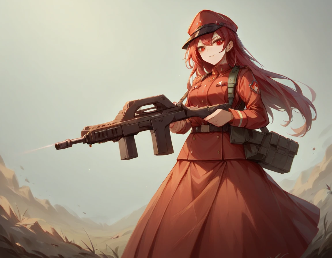 A platoon of girls wearing bright red military uniforms and long red skirts、A pair of girl platoon leaders and girl soldiers wearing red military uniforms and red long skirts and equipped with assault rifles