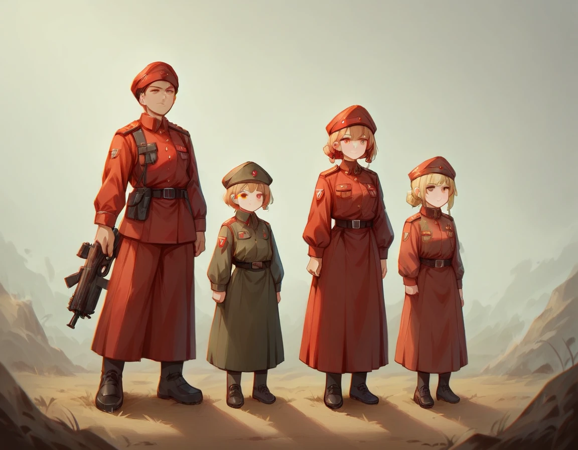 A platoon of girls wearing bright red military uniforms and long red skirts、A pair of girl platoon leaders and girl soldiers wearing red military uniforms and red long skirts and equipped with assault rifles