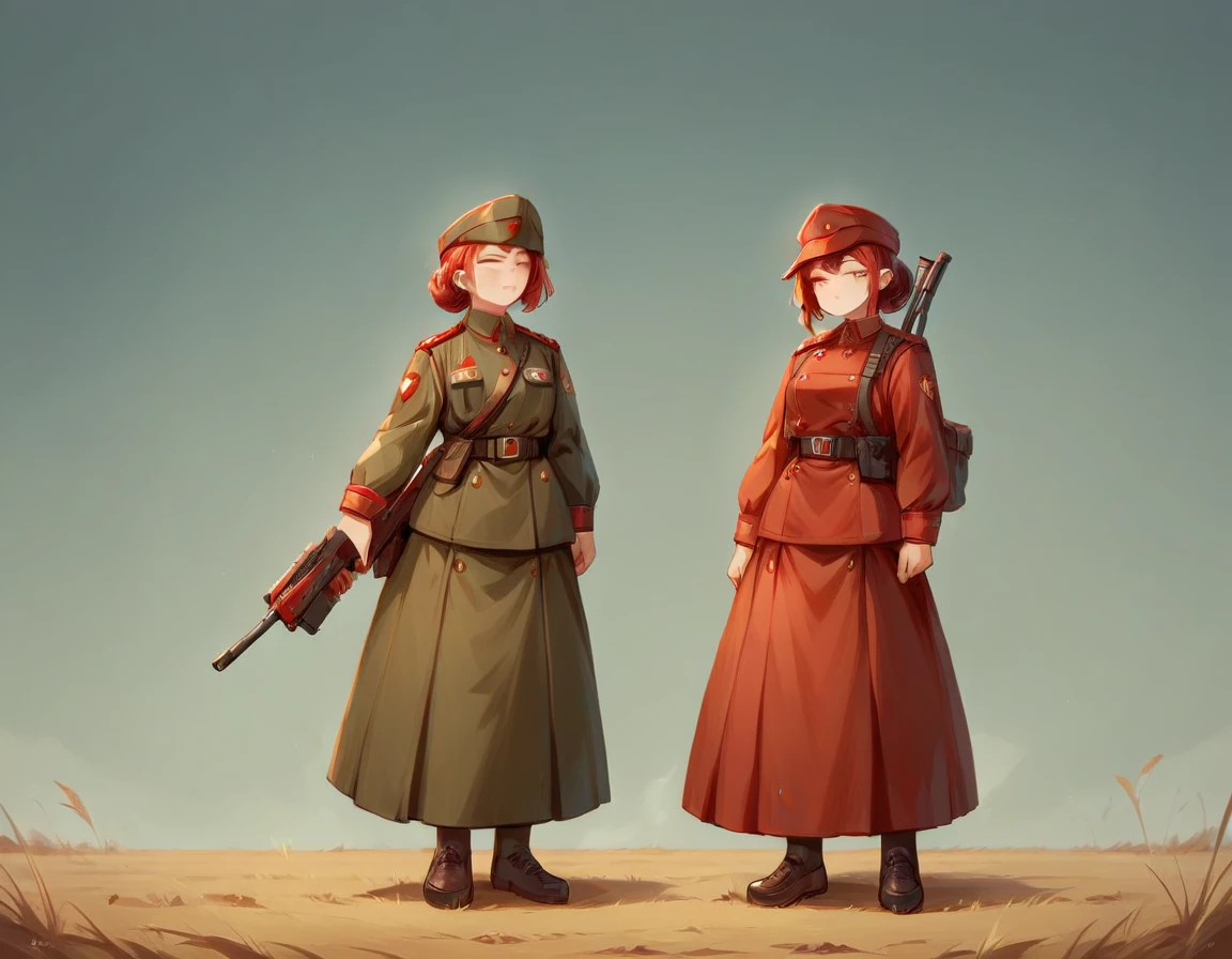 A platoon of girls wearing bright red military uniforms and long red skirts、A pair of girl platoon leaders and girl soldiers wearing red military uniforms and red long skirts and equipped with assault rifles