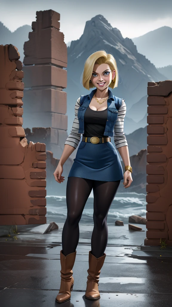 (realista), best quality, highres, and18, 1girl, android 18, solo girl, 1girl, blonde hair, blue eyes, belt, boots, tight blue demin skirt, gold_necklace, black shirt, short hair, long striped sleeves, earrings, open vest, denim vest, medium breasts, cowboy shot, mountains, straight-on, (weather: raining and windy), wet body, sexy smile, combat stance, full length pantyhose, battle ruins, wide hips, thick legs, torn clothes, closed fists,