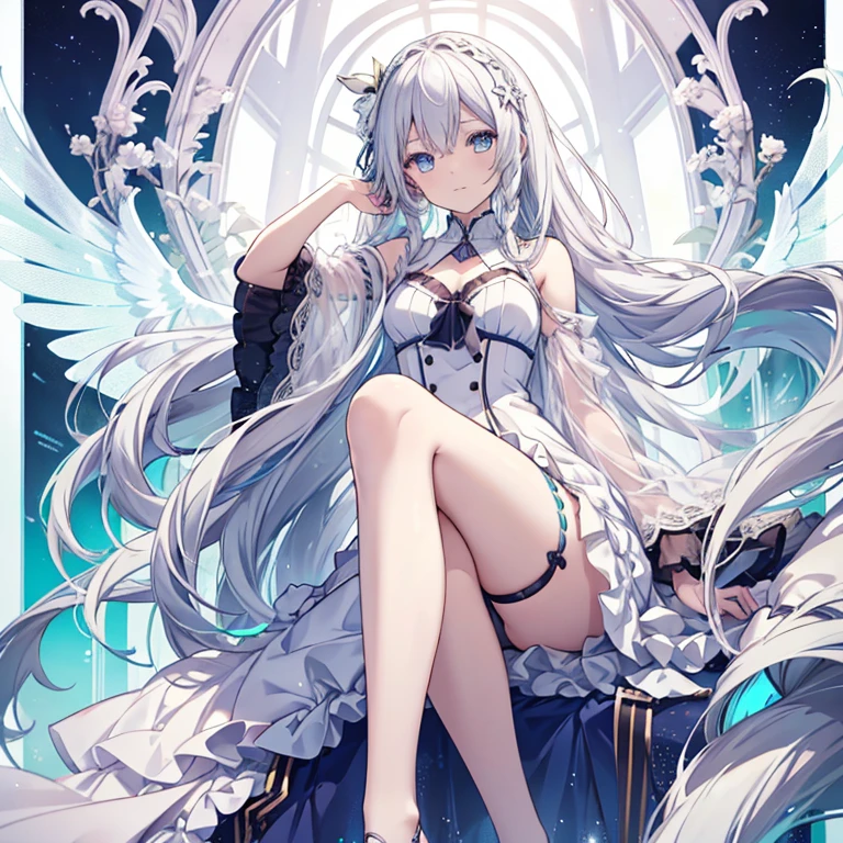 hatsuneMiku、(ultra Realistic), (An illustration), (Highres), (8K), (highlydetailed), (the best illustration), (Beautiful Detailed Eyes), (beste Quality), (Super Detailed), (Master peace), (Wallpapers), (Detailed Face), solo, 1girl, Aristocratic dresses、White hair, Iris heterochromatic eyes, small moles under eye, medium chest, Long legs,Stunning composition,Foot braids,Beautiful and detailed legs