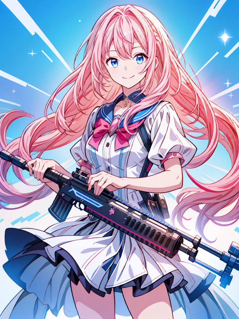 One girl、[17277fbe68],threatened hideo、smile、high quality、Maximum details、(((最high quality、masterpiece、Official Art、Best dynamic composition)))、(Thin Hair)、(Tabletop, 最high quality), Very detailed, Anime Style, whole body, Cyberpunk Girl, Gripping a high-tech rifle, Milky white and pink hair, Sparkling blue eyes, Wearing a magical girl costume , 8K high resolution, Trend Art Station, White Background, Standing in the Wilderness, whole body,