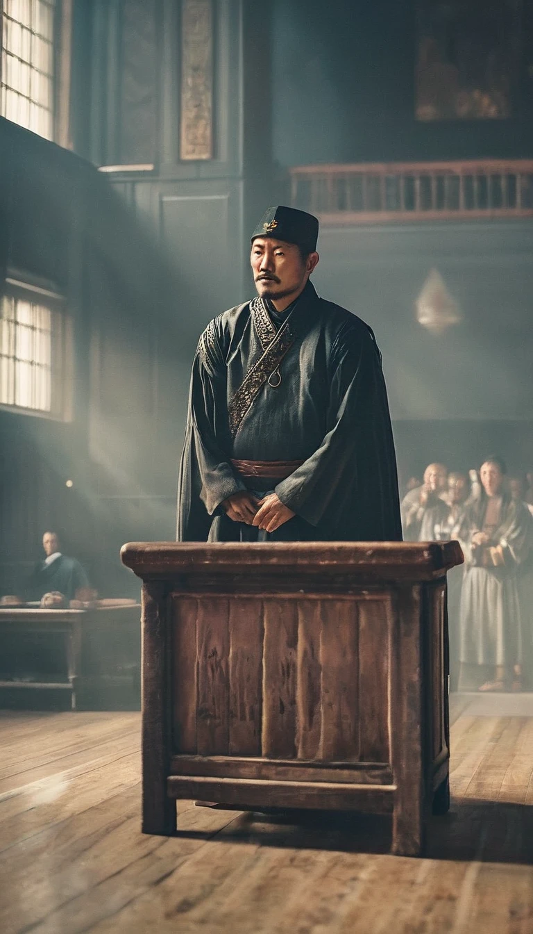 A court scene where fair laws are being enforced, reflecting the legal system Genghis Khan established, background dark, hyper realistic, ultra detailed hyper realistic, photorealistic, Studio Lighting, reflections, dynamic pose, Cinematic, Color Grading, Photography, Shot on 50mm lens, Ultra-Wide Angle, Depth of Field, hyper-detailed, beautifully color, 8k