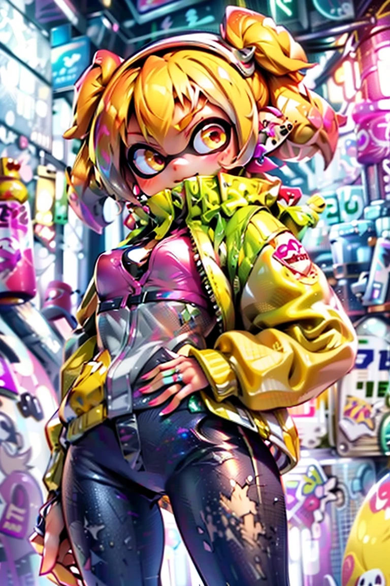 8K,Super detailed,super high quality,Ultra-precision,The ultimate masterpiece,Splatoon girl gal, Golden Eyes、big ,big Thigh,White Leather Jacket,jeans,Twin tails(blonde&Pink mix tentacle hair),Cool graffiti on the wall,Cyberpunk Street, smile、blush、Real Anime、3d、