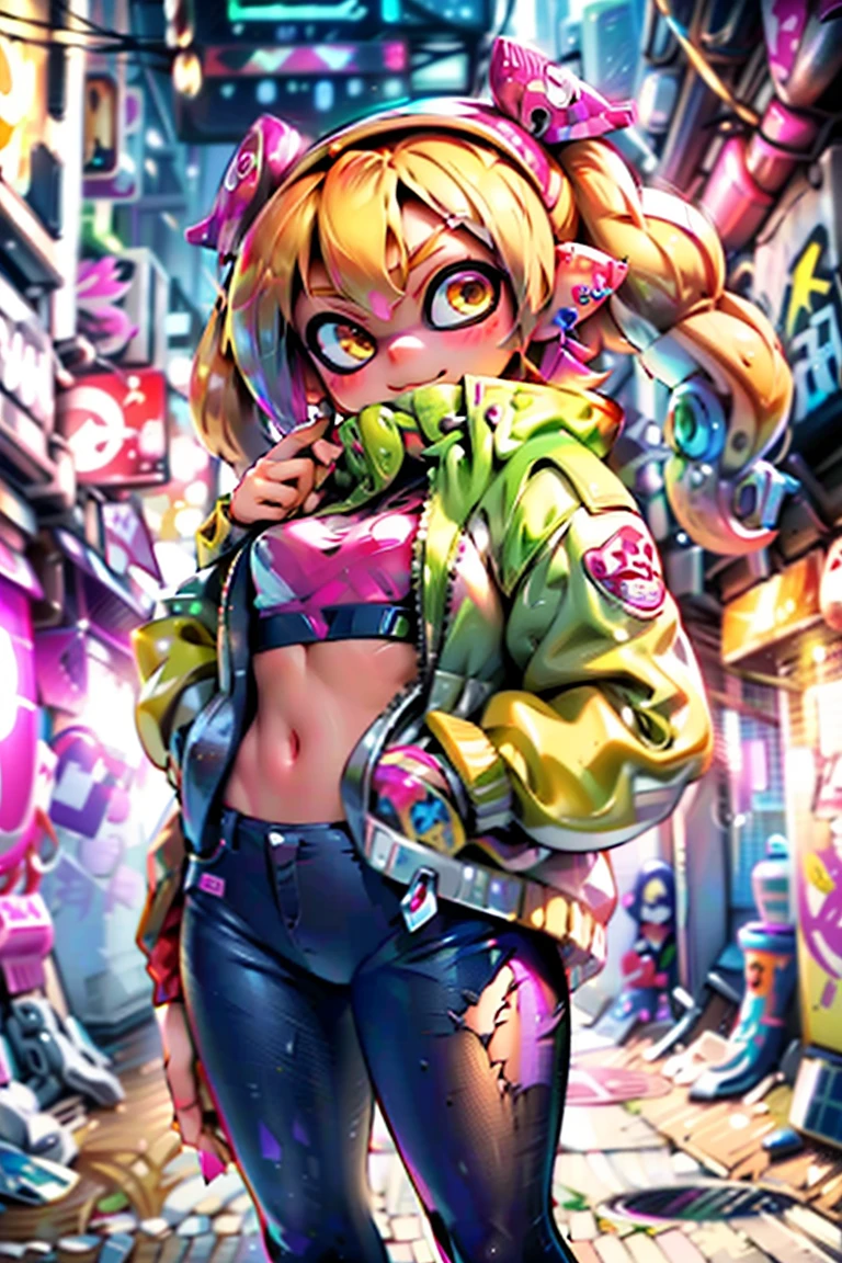 8K,Super detailed,super high quality,Ultra-precision,The ultimate masterpiece,Splatoon girl gal, Golden Eyes、big ,big Thigh,White Leather Jacket,jeans,Twin tails(blonde&Pink mix tentacle hair),Cool graffiti on the wall,Cyberpunk Street, smile、blush、Real Anime、3d、