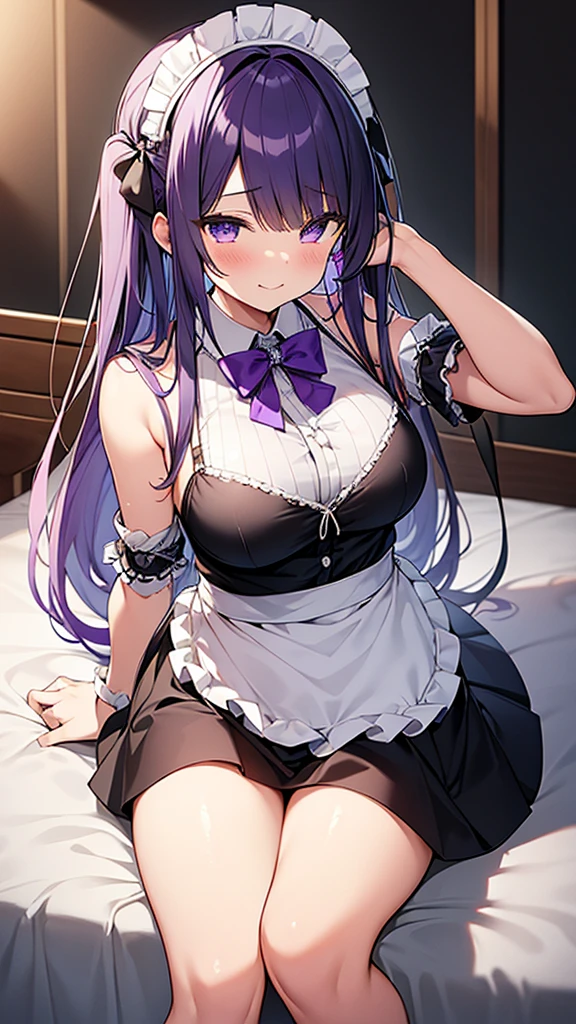 最high quality, high quality, 16K full body image, Ultra-detailed details, pretty girl, alone, beautiful purple hair, Beautiful purple eyes, Big Breasts, A light smile, Summer clothes, Summer Maid clothes, I'm lifting my skirt, Blue and white color striped underwear(Bikini swimsuit under skirt), My crotch is wet with love juice, {{A succubus who steals the face skin and maid uniform from the girl she likes and plays pranks on her、I&#39;m wearing a maid outfit while pretending to be the girl I like.}}, The girl I like is a high school girl, Full body image, NSFW