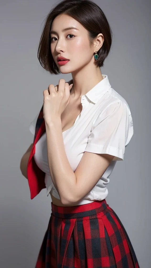 (Highest quality,8K,masterpiece),Studio shot,
Very beautiful Japanese models,Fine skin,Realistic Skin, Lip gloss,Rouge,
Very short hair,Pixie Cut,
School_uniform, Big earrings,Costumes,Expressions of ecstasy,
Big Breasts,peach,
Checked skirt, White shirt, Big Breasts,Accentuate your cleavage,Navel exposed,
Gray background
