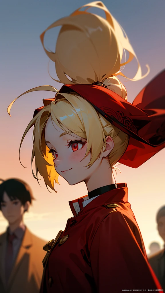 1 Girl、Sharp focus、(Bokeh) (Highest quality) (Detailed skin:1.3) (Intricate details) (anime)、 age、Blonde ponytail、Ahoge、Beautiful red eyes、smile、Red coat、White shirt、Slender body、From the side、Upper body close-up、Golden Hour Sky