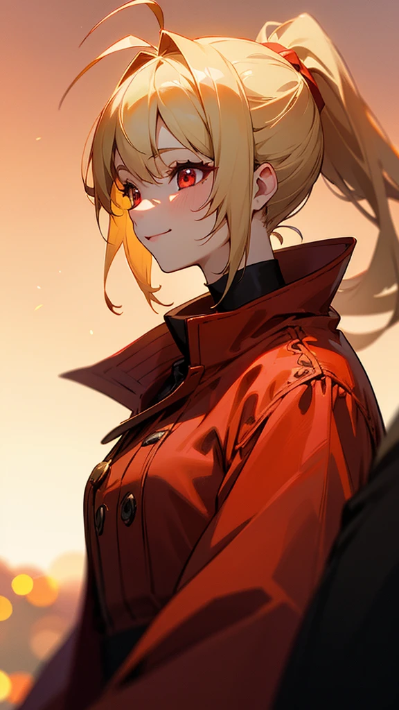 1 Girl、Sharp focus、(Bokeh) (Highest quality) (Detailed skin:1.3) (Intricate details) (anime)、 age、Blonde ponytail、Ahoge、Beautiful red eyes、smile、Red coat、White shirt、Slender body、From the side、Upper body close-up、Golden Hour Sky