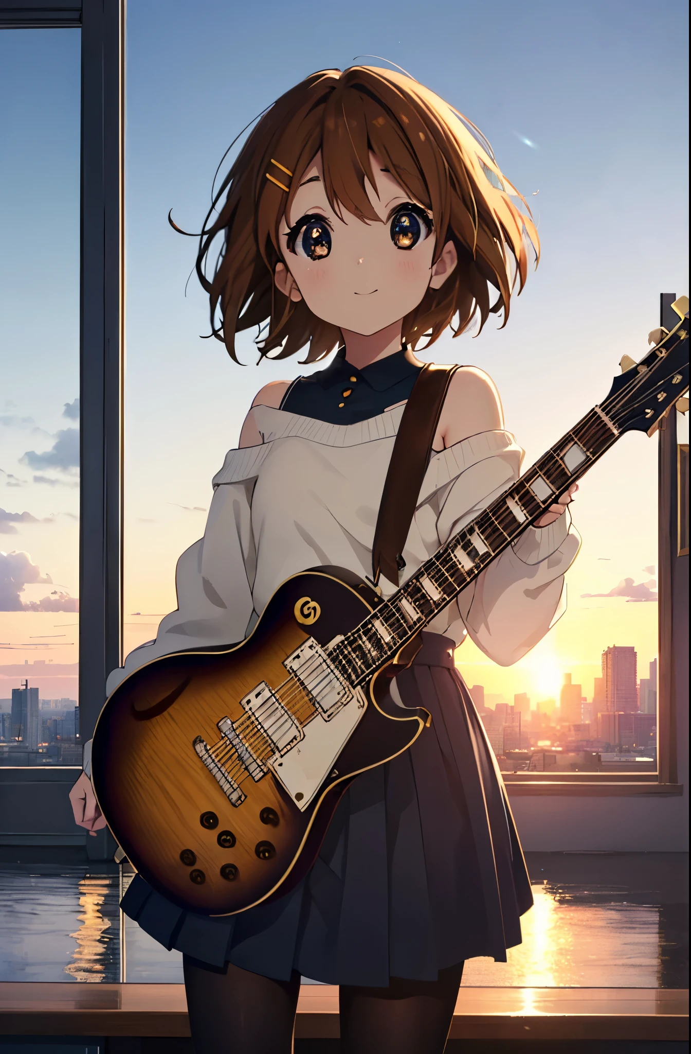 Yuihirasawa, Yui Hirasawa, cabello corto, Pelo castaño, adornos para el cabello, (Ojos cafés:1.5),rubor,sonrisa,Suéter blanco de gran tamaño con un solo hombro,falda plisada negra,pantimedias blancas,botas cortas,Pinza para el cabello,guitar(gibson　el pablo)voltear、sonrisa、Con vistas a la ciudad desde lo alto de la colina.、Hermoso atardecer、el viento es fuerte、todo el cuerpoがイラストに入るように,
romper al aire libre, 丘 descanso mirando al espectador, todo el cuerpo、
break (obra maestra:1.2), de la máxima calidad, Alta resolución, fondo de pantalla de unidad 8k, (forma:0.8), (Bellos y bellos ojos:1.6), Cara muy detallada, Iluminación perfecta, CG muy detallado, (manos perfectas, anatomía perfecta),