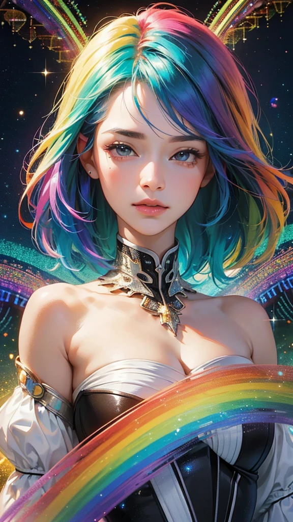 (masterpiece, Highest quality, Highest quality, beautifully、aesthetic:1.2）、Frontal face:1.5, (A woman facing forward、30th Generation), Very detailed,(Fractal Art:1.5),{{Rainbow colored hair}},colorful, Most detailed, Perfect Face, Upper Body, High resolution, Milky Way, (Particles of light),Colorful particles of light surround the area., Sparkling、(Dynamic stripes, Rainbow&#39;s trajectory:1.2), Vibrant colors,{{Watching the audience:2}}、The crystals shine、Crystal Ball、Lucky rainbow bird、Money、rainbow、Shiny Dress、shin eyes