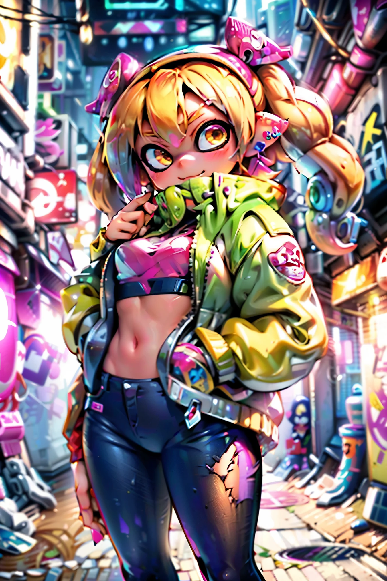 8K,Super detailed,super high quality,Ultra-precision,The ultimate masterpiece,Splatoon girl gal, Golden Eyes、big ,big Thigh,White Leather Jacket,jeans,Twin tails(blonde&Pink mix tentacle hair),Cool graffiti on the wall,Cyberpunk Street, smile、blush、Real Anime、3d、