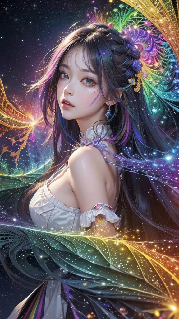 (masterpiece, Highest quality, Highest quality, beautifully、aesthetic:1.2）、Frontal face:1.5, (A woman facing forward、30th Generation), Very detailed,(Fractal Art:1.5),{{Rainbow colored hair}},colorful, Most detailed, Perfect Face, Upper Body, High resolution, Milky Way, (Particles of light),Colorful particles of light surround the area., Sparkling、(Dynamic stripes, Rainbow&#39;s trajectory:1.2), Vibrant colors,{{Watching the audience:2}}、The crystals shine、Crystal Ball、Lucky rainbow bird、Money、rainbow、Shiny Dress、shin eyes