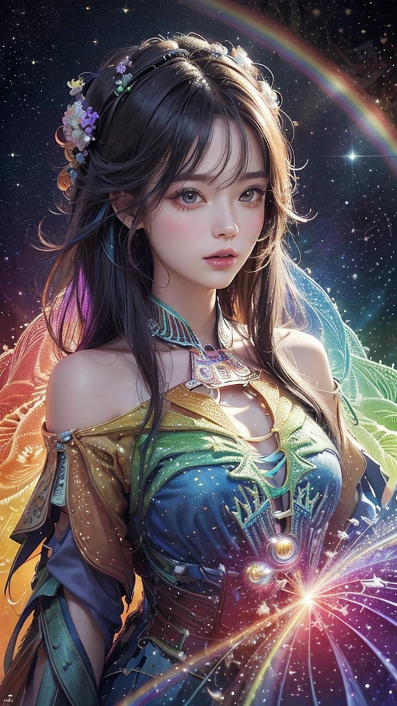 (masterpiece, Highest quality, Highest quality, beautifully、aesthetic:1.2）、Frontal face:1.5, (A woman facing forward、30th Generation), Very detailed,(Fractal Art:1.5),{{Rainbow colored hair}},colorful, Most detailed, Perfect Face, Upper Body, High resolution, Milky Way, (Particles of light),Colorful particles of light surround the area., Sparkling、(Dynamic stripes, Rainbow&#39;s trajectory:1.2), Vibrant colors,{{Watching the audience:2}}、The crystals shine、Crystal Ball、Lucky rainbow bird、Money、rainbow、Shiny Dress、shin eyes