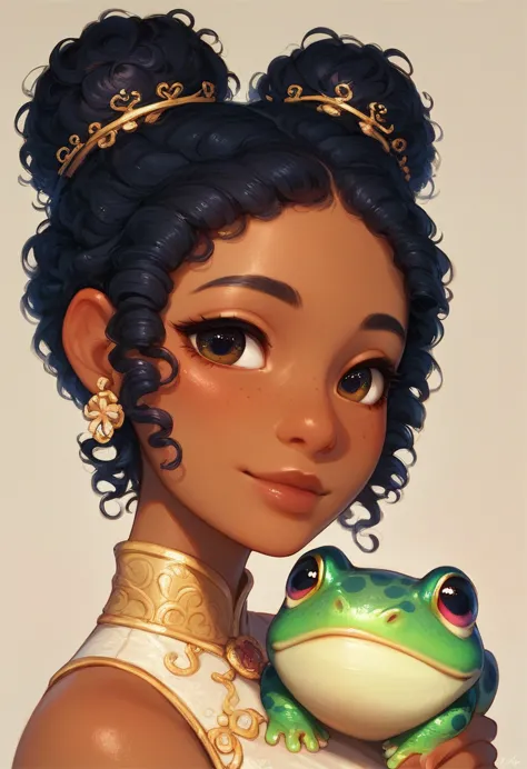 score_9, score_8_up, score_7_up, score_6_up, 1girl, Tiana, the princess and the frog, dark skin, curly hair, black hair, high bu...