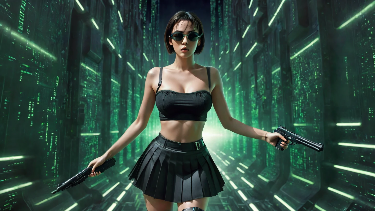 aerial view. sci-fi background. Matrix style, at night, dark sky, (1girl, solo))), photo realistic, (large-breast:1.2 slim body, cleavage:1.1), (((tube top, very short pleated miniskirt))), (((((matrix style black sunglasses))))), (((aiming at camera with a mini pistol))), (looking at camera), (((((half-body thigh level medium shot))))), (cinematic lighting).