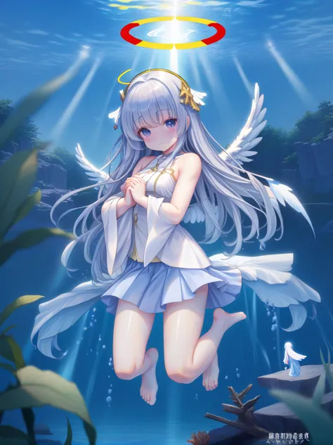 partially underwater, lakeの女神, Long Hair, Wet Hair,lake,8-year-old、Flat Chest、skirt、Above the water line from the neck、Body in w...