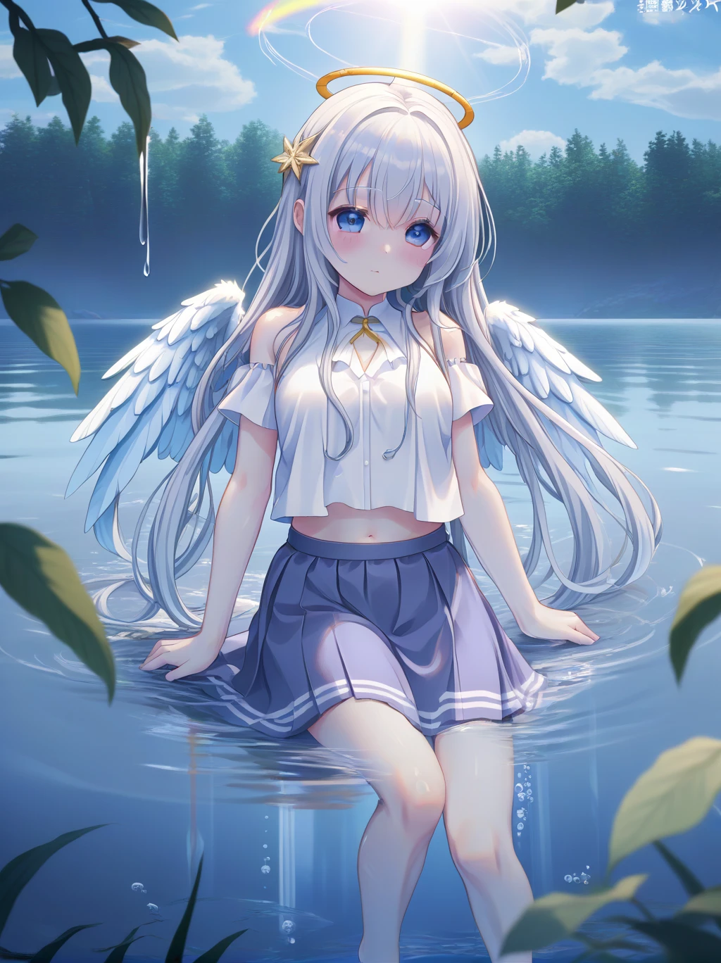 partially underwater, lakeの女神, Long Hair, Wet Hair,lake,8-year-old、Flat Chest、skirt、Above the water line from the neck、Body in water, ,浮力でskirtがめくれる、Angel Halo、No text